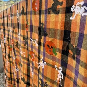 Halloween Plaid Tablecloth with Pumpkins, Black Cats, and Skeletons